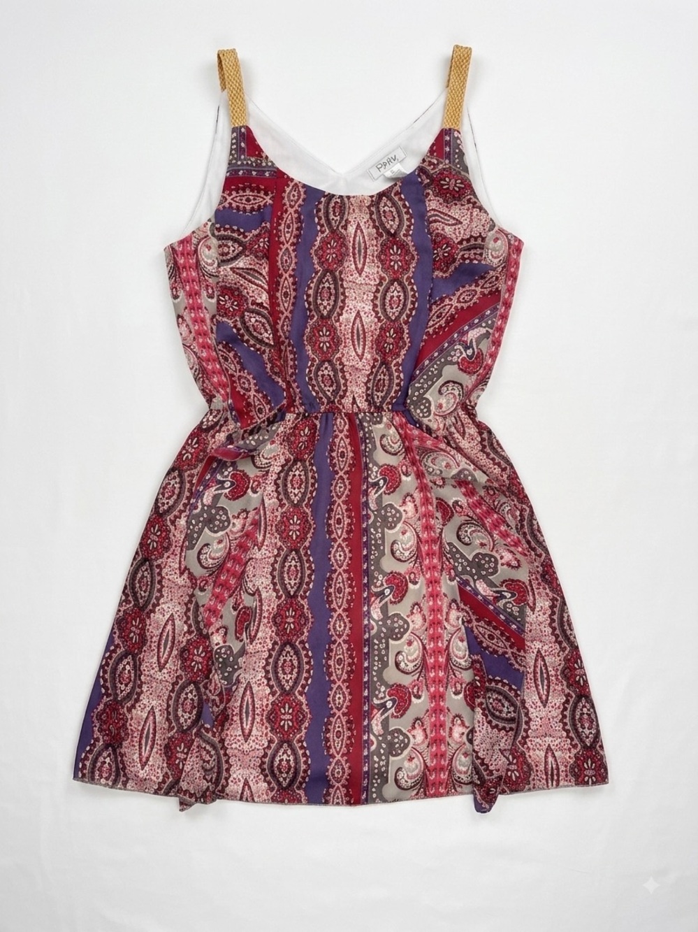 Pinky Multicolor Paisley Sundress with Gold Straps and Ruffle Detail